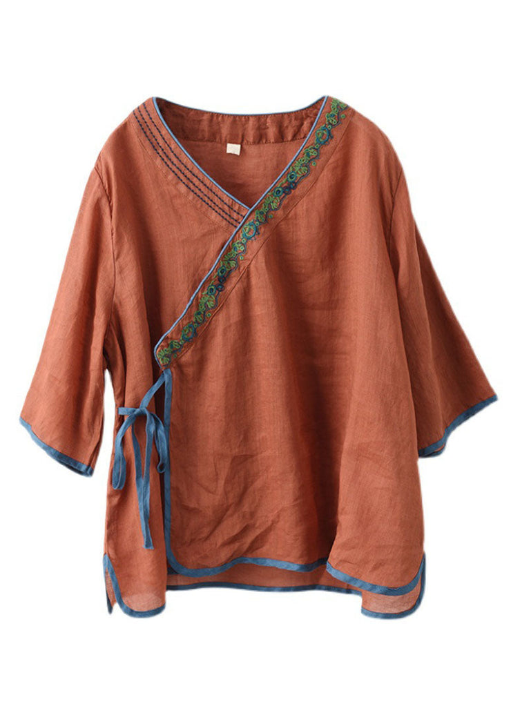 Handmade Caramel V Neck Embroideried Tie Waist Linen Top Half Sleeve