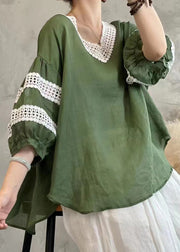 Handmade Caramel V Neck Hollow Out Linen Shirt Tops Lantern Sleeve