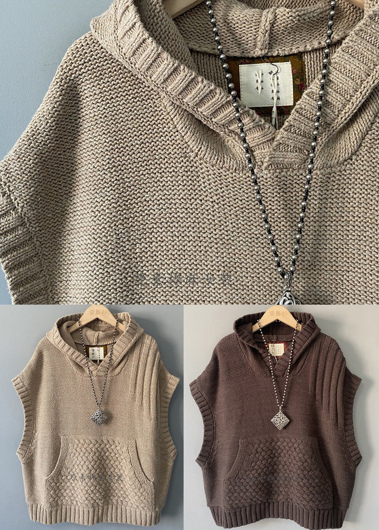 Handmade Chocolate Cable Cotton Knit Hoodie Waistcoat Spring