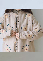 Handmade Coffee Embroidered Floral Lace Patchwork Cotton Knit Coats Long Sleeve