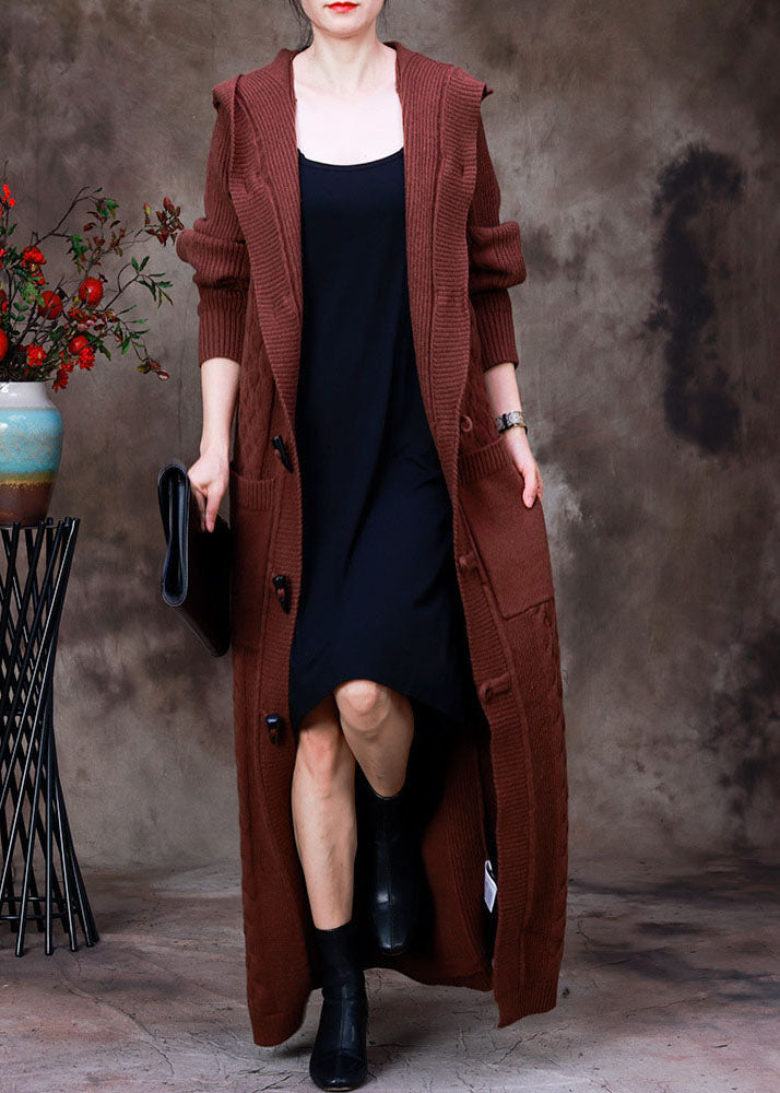 Handmade Chocolate Hooded Pockets Horn Buckle Cable Knit Coat Long Sleeve