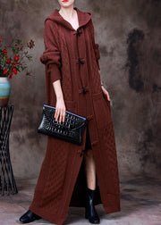 Handmade Chocolate Hooded Pockets Horn Buckle Cable Knit Coat Long Sleeve