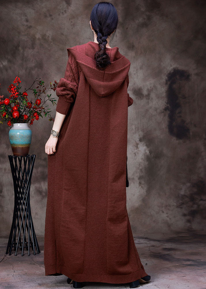 Handmade Chocolate Hooded Pockets Horn Buckle Cable Knit Coat Long Sleeve