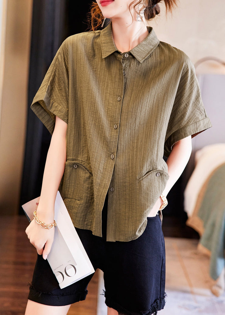 Handmade Coffee Peter Pan Collar Patchwork Cozy Silk Shirts Short Sleeve