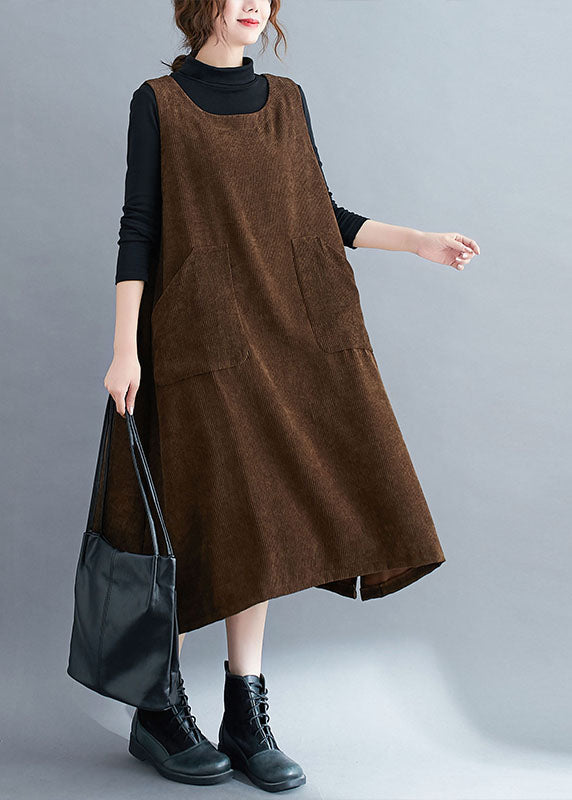 Handmade Coffee Pockets Patchwork Corduroy Sweatshirts Dress Sleeveless