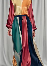 Handmade Colorblock Patchwork Silk Two Pieces Set Long Sleeve
