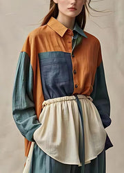 Handmade Colorblock Patchwork Wrinkled Button Shirts Long Sleeve