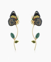 Handmade Colorblock Sterling Silver Overgild Embroidery Butterfly Detachable Drop Earrings