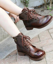 Handmade Comfy Brown Cowhide Leather Splicing Boots Lace Up