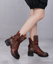 Handmade Cowhide Leather Coffee Zippered Wrinkled Chunky Boots