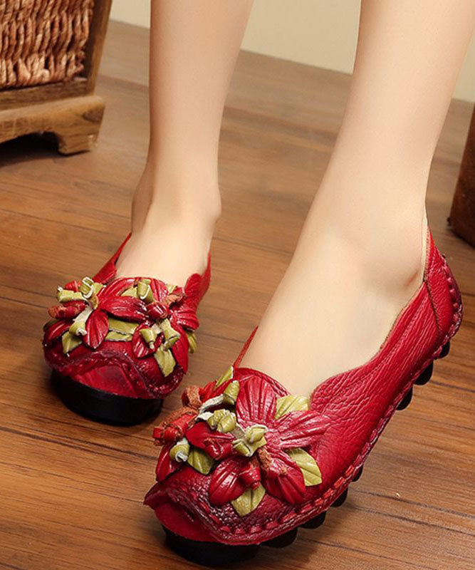 Handmade Cowhide Leather Flat Shoes For Women Floral Splicing Flat Feet Shoes