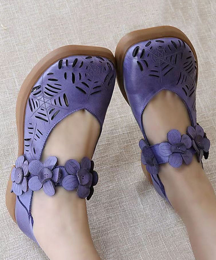 Handmade Cowhide Leather Purple Walking Sandals Hollow Out Floral