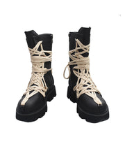 Handmade Cross Strap Platform Boots Black Cowhide Leather