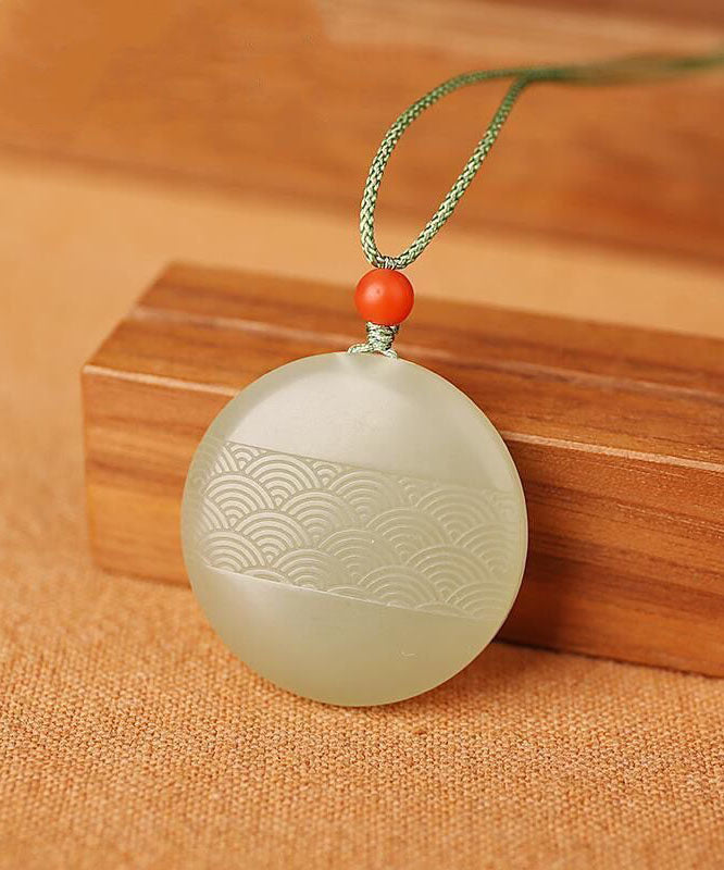 Handmade Cyan Jade Round Carving Pendant Necklace