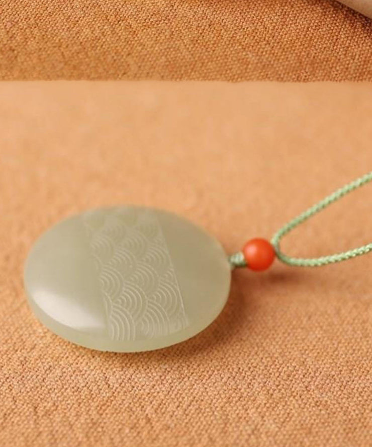 Handmade Cyan Jade Round Carving Pendant Necklace