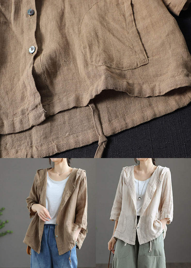 Handmade Dark Khaki Pockets Patchwork Linen Thin Hoodie Coat Summer