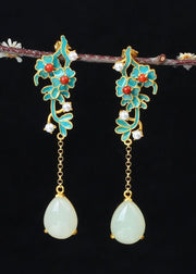 Handmade Droplet Shape Jade Tassel Drop Earrings