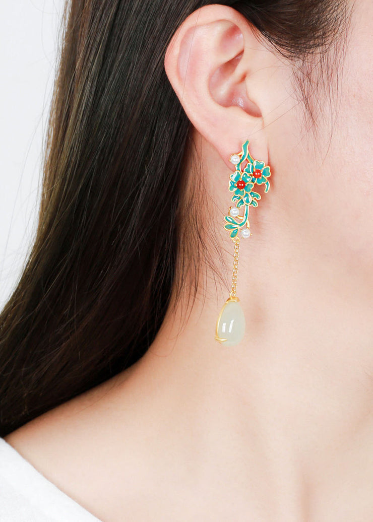 Handmade Droplet Shape Jade Tassel Drop Earrings