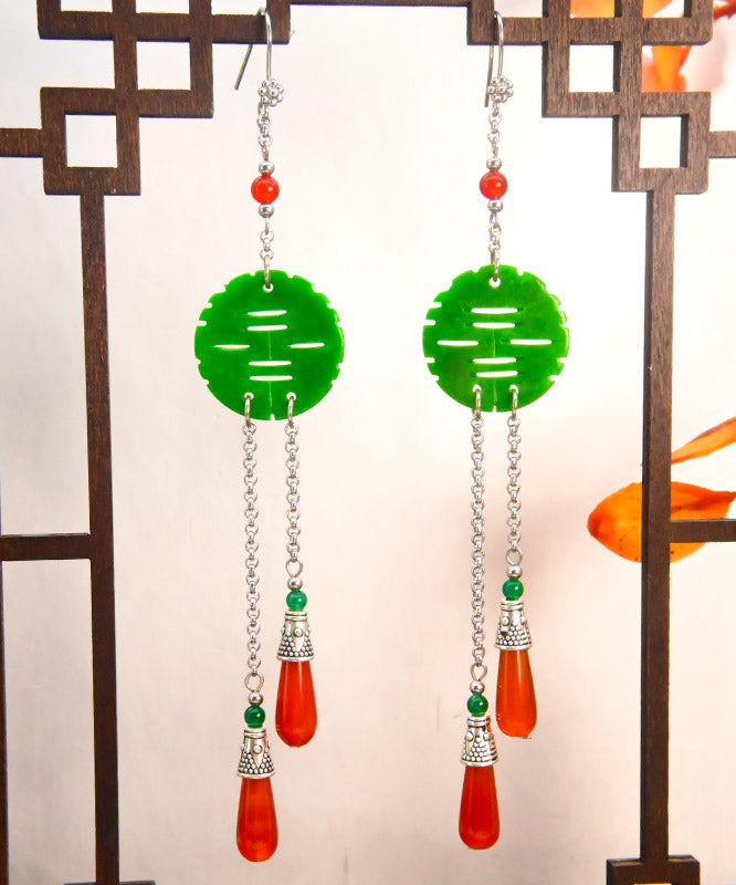 Handmade Dry Green Sterling Silver Jade Agate Drop Earrings