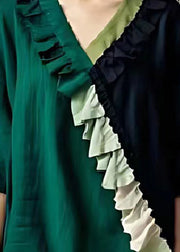 Handmade Dull Green Ruffled Patchwork Linen Blouse Top Summer