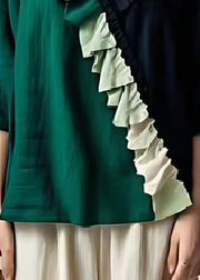Handmade Dull Green Ruffled Patchwork Linen Blouse Top Summer