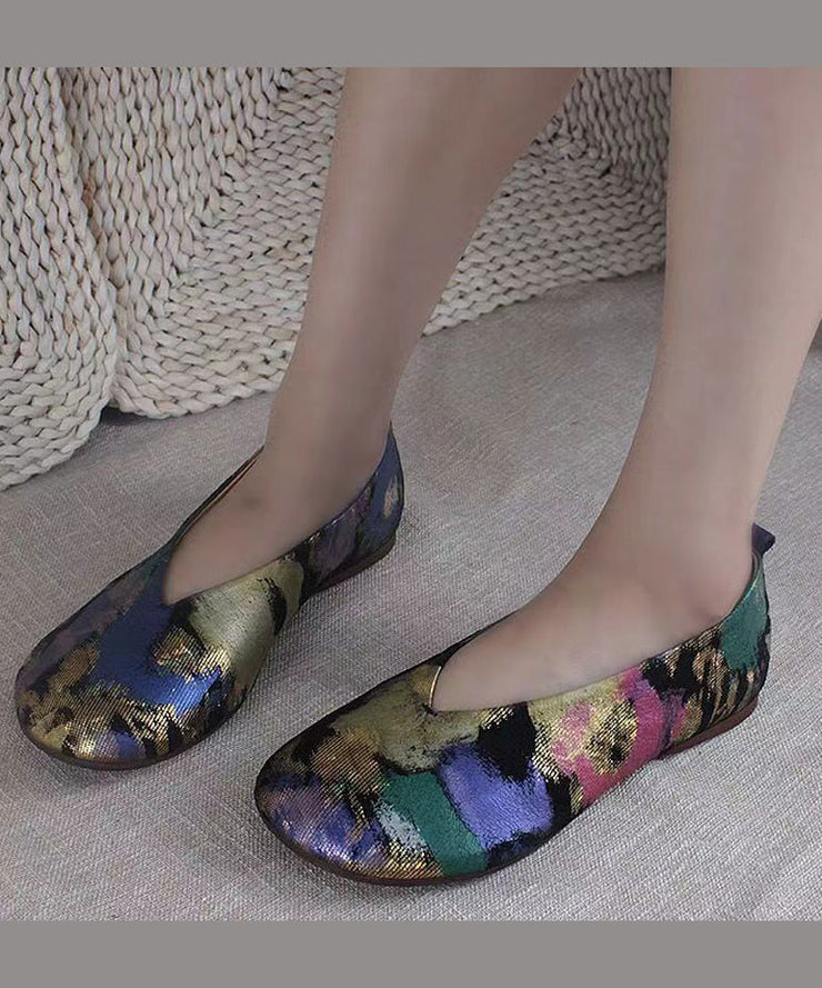 Handmade Ethnic Style Lavender Printed Genuine Leather Flats Shoes