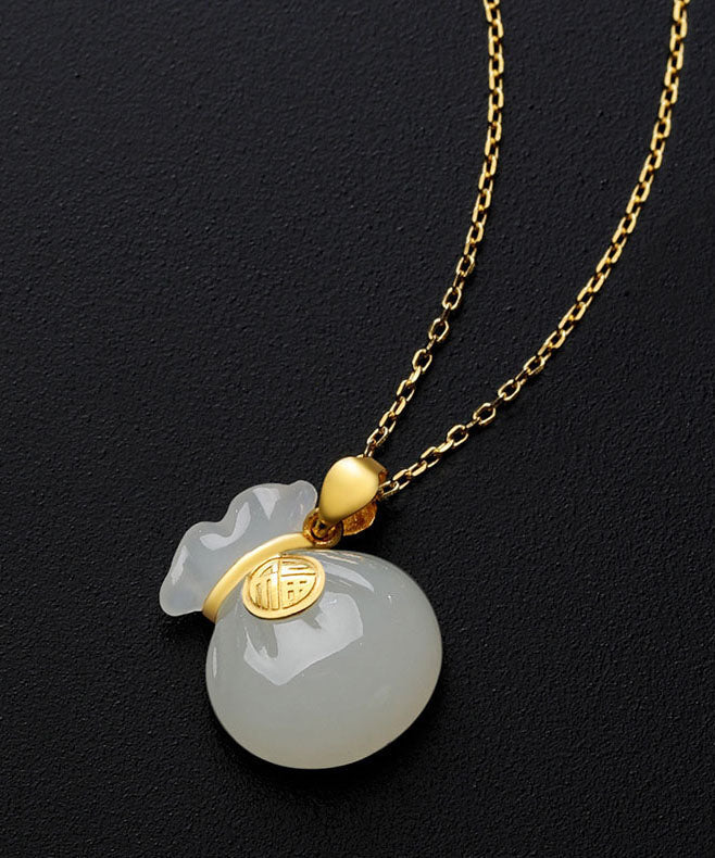 Handmade Gold Inlaid Jade Lucky Bag Pendant Necklace