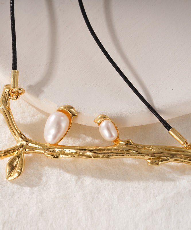 Handmade Gold Pearl Branch Maternal Love Birds Pendant Necklace