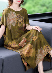 Handmade Grass Green Oversized Print Side Open Silk Dresses Summer