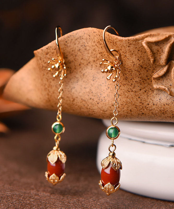 Handmade Green Agate 14K Gold Retro Drop Earrings