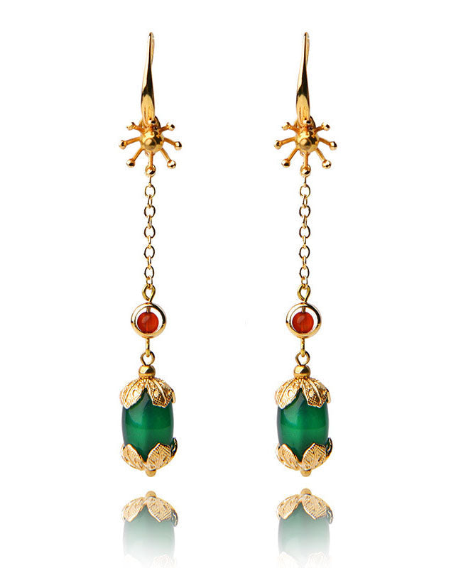 Handmade Green Agate 14K Gold Retro Drop Earrings