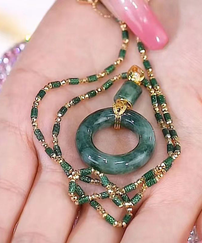 Handmade Green Alloy Gem Stone Ping Buckle Pendant Necklace