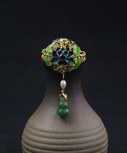 Handmade Green Ancient Gold Pearl Jade Gourd Enamel Tassel Brooches