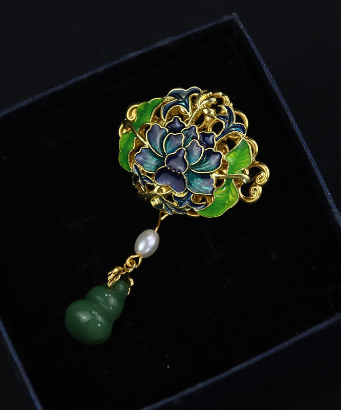 Handmade Green Ancient Gold Pearl Jade Gourd Enamel Tassel Brooches