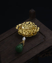 Handmade Green Ancient Gold Pearl Jade Gourd Enamel Tassel Brooches