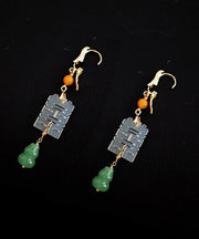 Handmade Green Copper Overgild Jade Pearl Graphic Drop Earrings