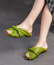 Handmade Green Cowhide Leather Peep Toe Slide Sandals
