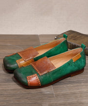 Handmade Green Cowhide Leather Soft Splicing Flat Shoes For Women