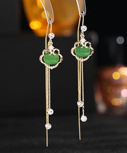 Handmade Green Gem Stone Auspicious Clouds Copper Drop Earrings