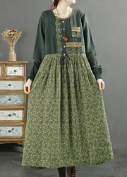 Handmade Green O Neck Lace Print Patchwork Cotton Dresses Spring