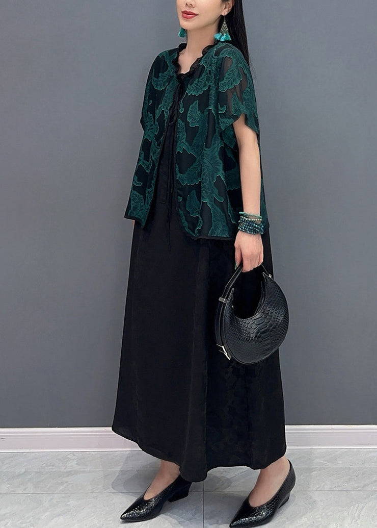 Handmade Green O-Neck Print Fake Two Pieces Long Dress Summer