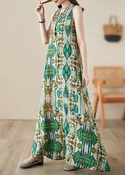 Handmade Green O-Neck Print Maxi Dresses Summer