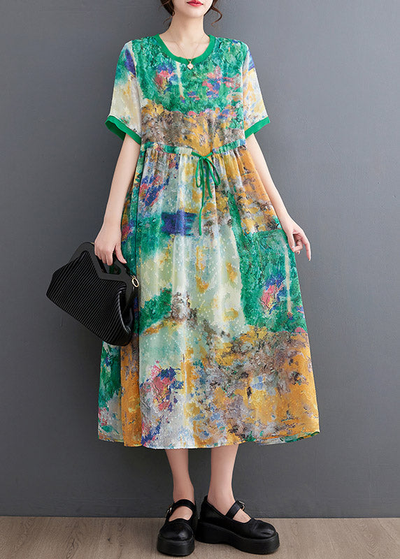 Handmade Green O-Neck Print Patchwork Drawstring Maxi Dress Short Sleeve