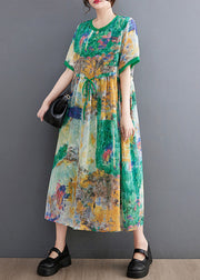 Handmade Green O-Neck Print Patchwork Drawstring Maxi Dress Short Sleeve