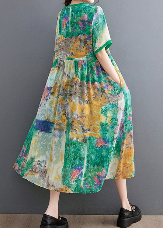 Handmade Green O-Neck Print Patchwork Drawstring Maxi Dress Short Sleeve