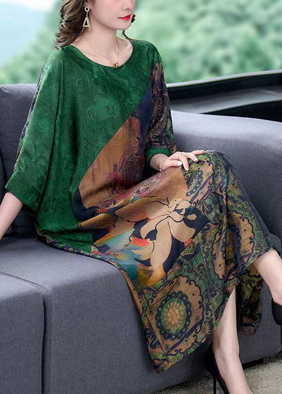 Handmade Green O Neck Print Patchwork Silk Long Dress Summer