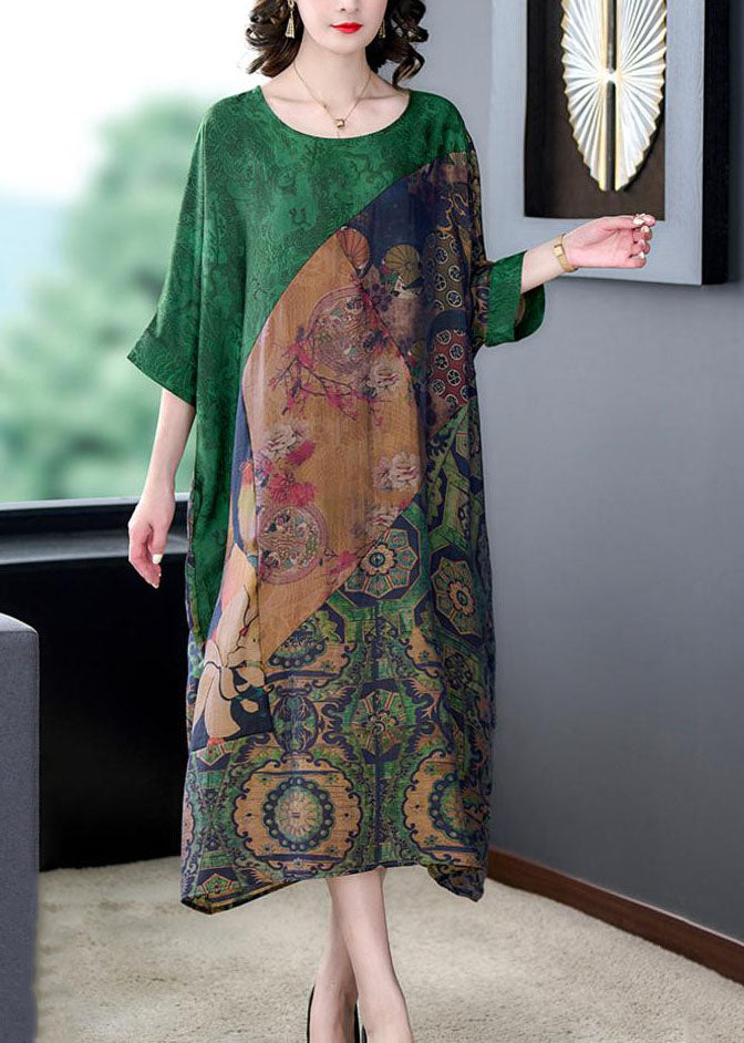 Handmade Green O Neck Print Patchwork Silk Long Dress Summer