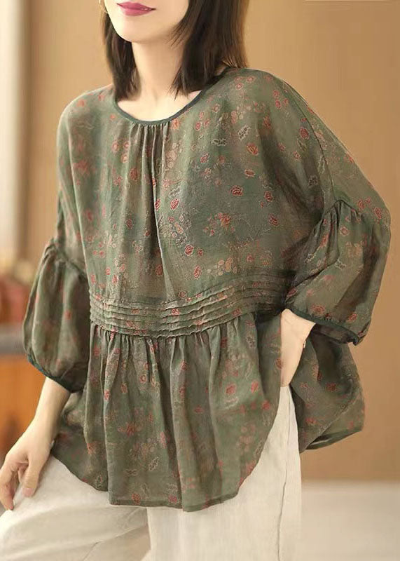 Handmade Green-texture O Neck Print Wrinkled Patchwork Cotton Top Summer