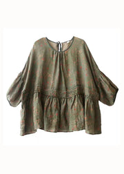 Handmade Green-texture O Neck Print Wrinkled Patchwork Cotton Top Summer