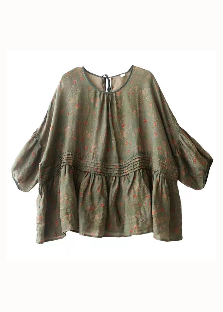 Handmade Green-texture O Neck Print Wrinkled Patchwork Cotton Top Summer